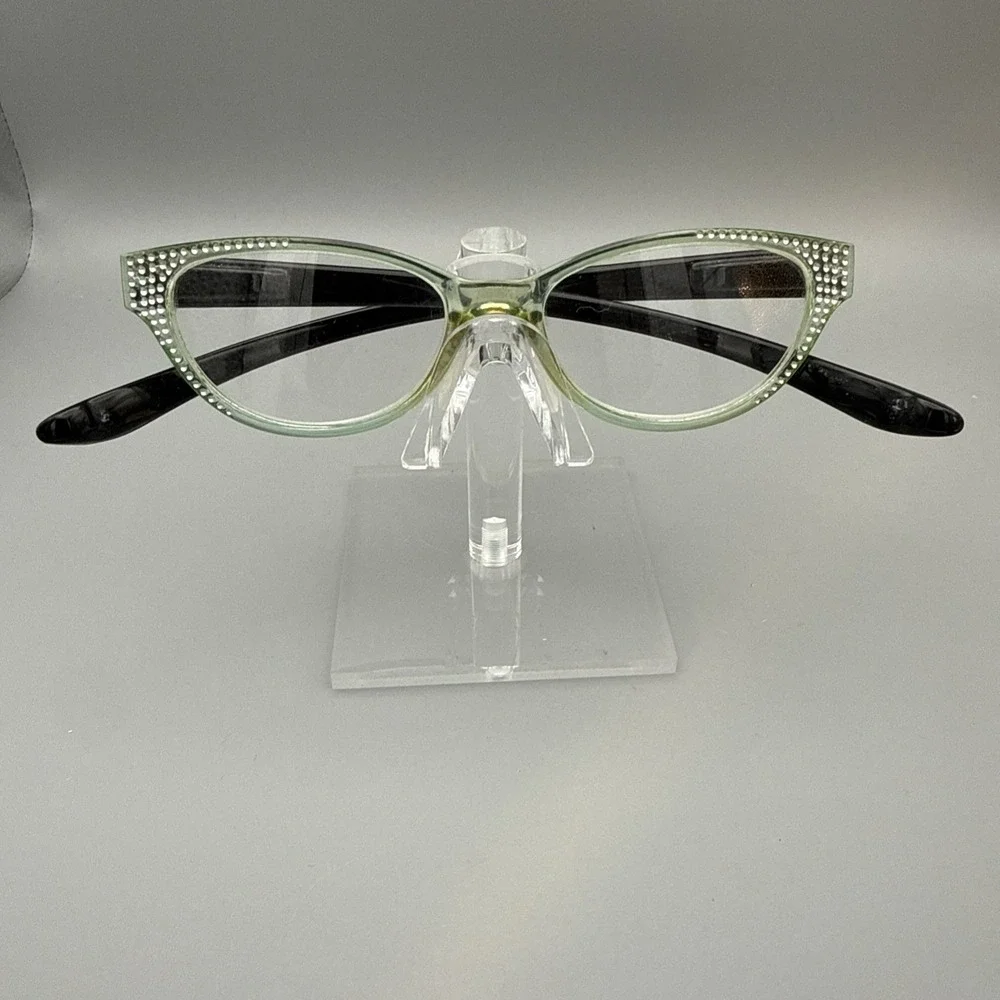 Crystal Rhinestone Cat Eyes Reading Glasses Optical Lens Clear Bling Green/Black